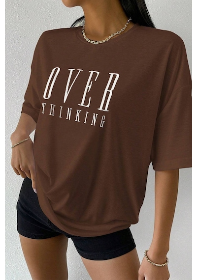 Uyguntarz Unisex Over Thinking Baskılı Tasarım Tshirt Kahverengi