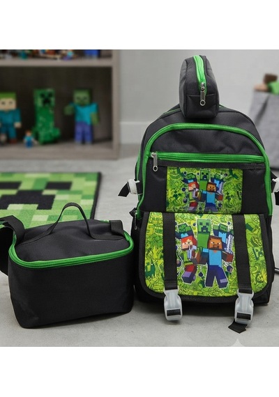 İlkokul 3 Lü Set Karekter Desenli Laptop Bölmeli Kalemlik,beslenme Çantalı Erkek Çocuk Okul Sırt Çantası 40 27 17 Cm Ebat siyah