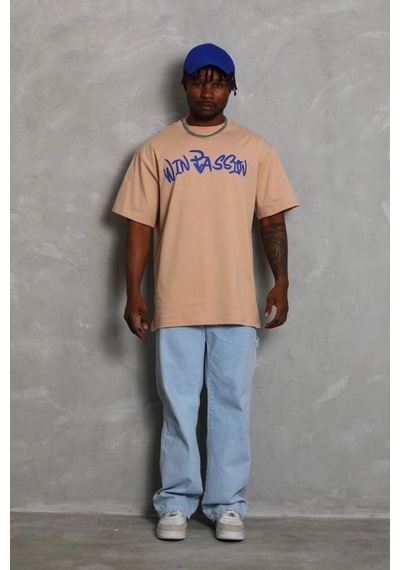 Erkek Baskılı Tişört Kısa Kol Bisiklet Yaka Oversize T-shirt - Bej