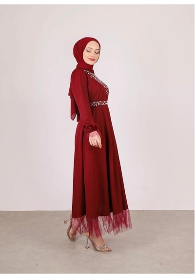 Lovie Moda Kadın V Taşlı Özel Gün Elbisesi Kırmızı