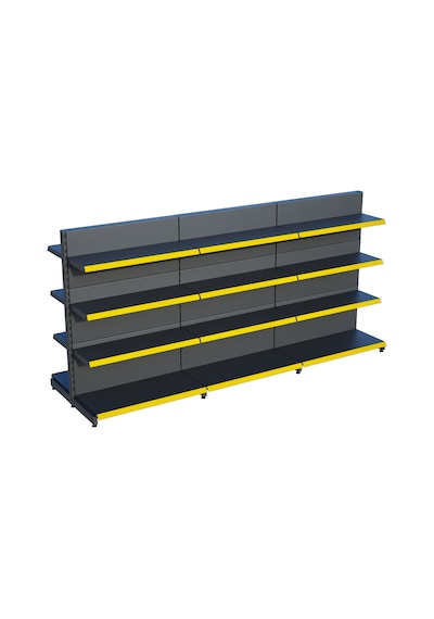 Antrasit Metal Çift Yönlü Orta Reyon 4 Katlı 3'li Birleşik Market Raf Sistemi Market Rafı G270cm Yükseklik H140 Cm Sarı
