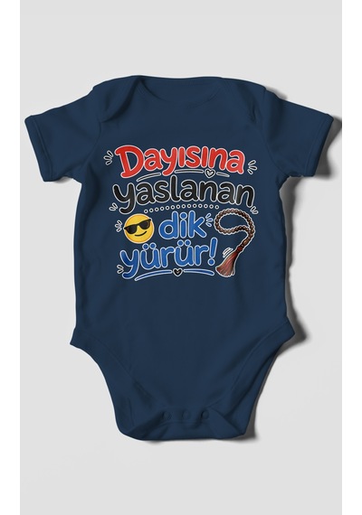 Morivokids Dayısına Yaslanan Dik Yürür Kısa Kollu Bebek Body %100 Pamuk Lacivert