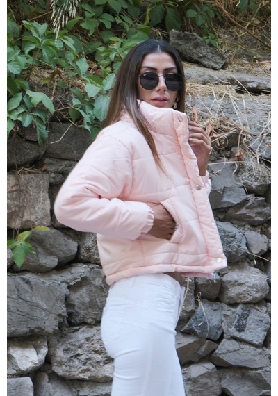 Keyifli Moda Kadın Pudra Dik Yaka Çıtçıtlı Fermuarlı Kısa Şişme Mont - 40 Pudra