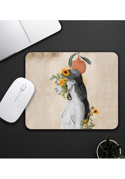 Bej Renk Papatya Kadın Motifli Mouse Pad 23x19cm Fare Altlığı Kaydırmaz Taban De593 Mousepad