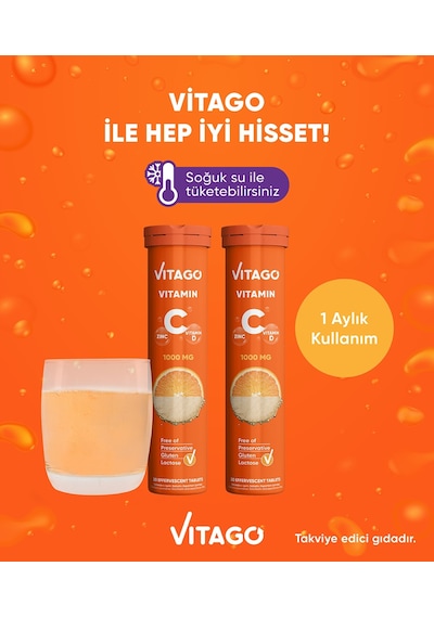 Vitago C Vitamini D Vitamini Çinko İçeren Takviye Edici Gıda 2 x 20 Efervesan Tablet