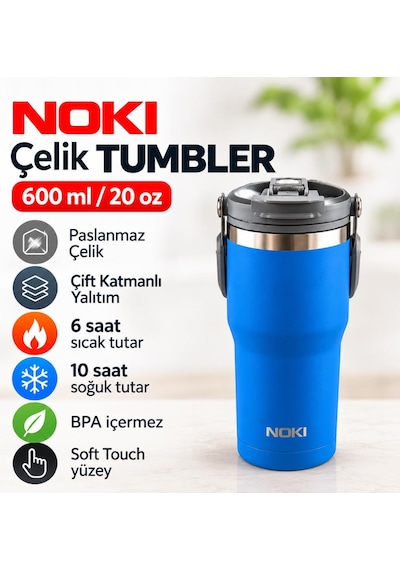 Noki T-0138 600 Ml Paslanmaz Çelik Tumbler Termos Bardak, Pipetli Ve Düz İçim, Sızdırmaz Kapak Mavi