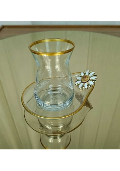 Çnr Home Collection Özel Seri Yaldizli Papatya Detayli 6'lı Çay Seti Gold