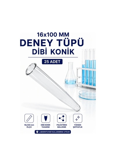 16x100 Mm Deney Tüpü Dibi Konik 25 Adet