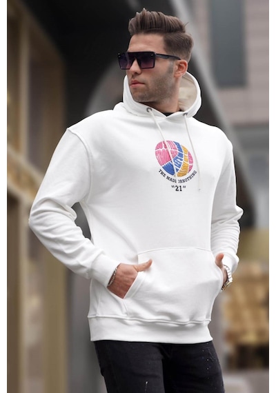 Madmext Ekru Kabartma Baskılı Kapüşonlu Sweatshirt 6042 Ekru