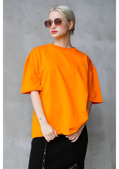 Madmext Turuncu Bisiklet Yaka Basic Oversize T-shirt Mg1687-turuncu Turuncu