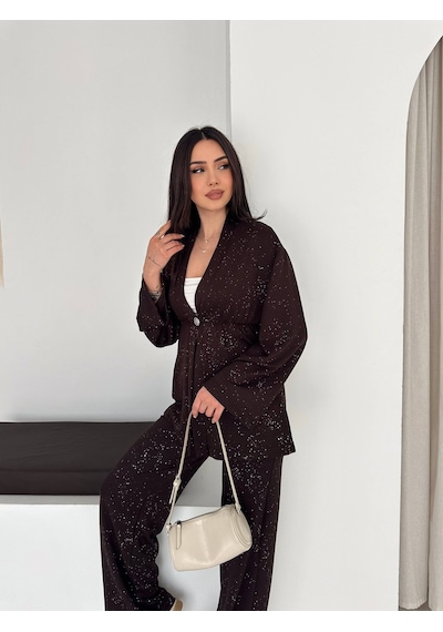 Kadın Simli Uzun Kol Modal Kumaş Kimono Pantolon İkili Takım Şık Ve Rahat Kadın Takım Kahverengi Kadın Simli Uzun Kol Modal Kumaş Kimono Pantolon İkili Takım Şık Ve Rahat Kadın Takım Kahverengi