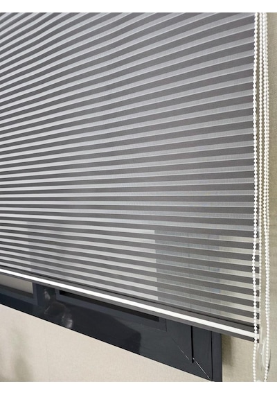 İnce Zebra Çizgili Çift Mekanizmalı Tül Ve Stor Perde Ts2025 Antrasit