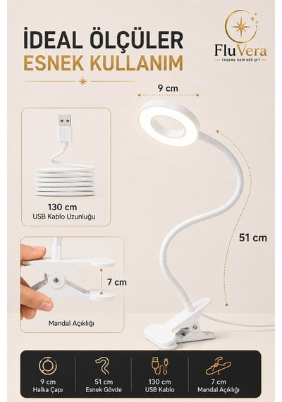Usb Led Halka Masa Lambası 3 Renk Işık 360 Esnek Gövde Mandallı Klipsli Çalışma Okuma Makyaj Lambası Beyaz