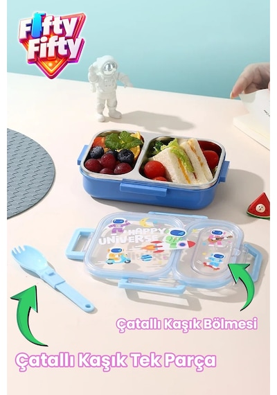 600 Ml Sızdırmaz İki Bölme Paslanmaz Çelik Lunch Box Yeni Nesil Sefer Tası Çatallı Kaşık Ff7163 Pembe