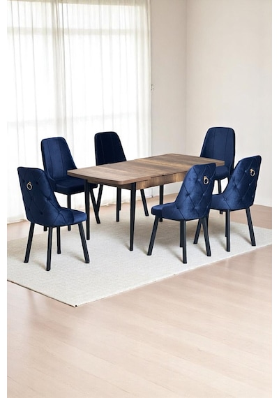 Sonata Ceviz 80 x 132 Açılabilen MDF Masa Siyah Metal Ayaklı Mutfak Masası 6 Lacivert Sandalyeli Sonata Ceviz 80 x 132 Açılabilen MDF Masa Siyah Metal Ayaklı Mutfak Masası 6 Lacivert Sandalyeli
