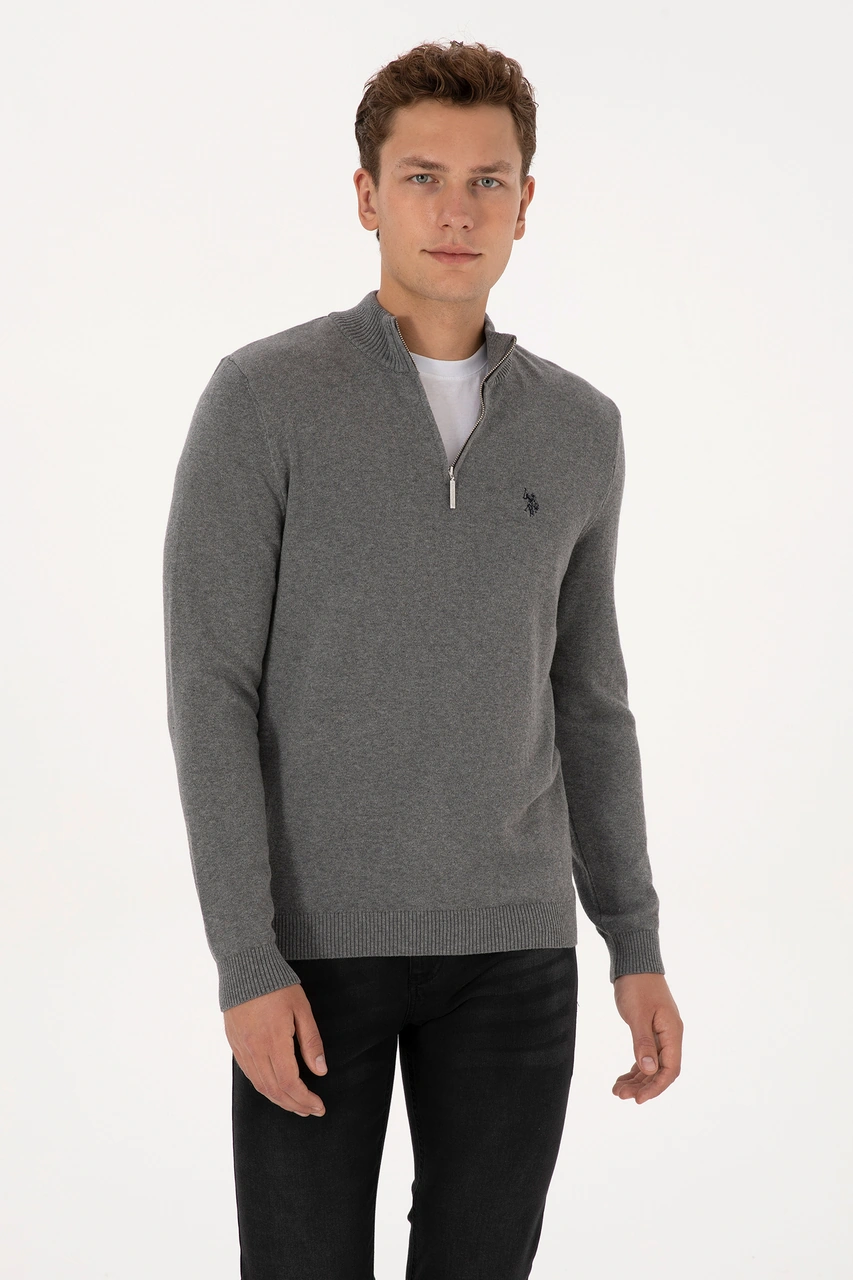 U.S. Polo Assn. Erkek Slim Fit Yarım Fermuarlı Gri Melanj Basic Kazak 50313695-VR109
