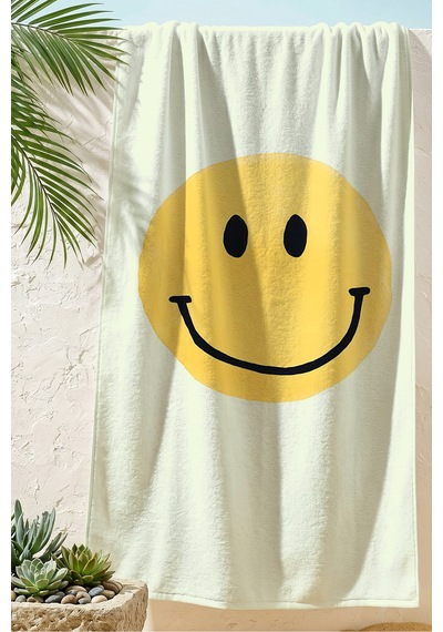 Gülümseyen Yüz Figürlü Çocuk Plaj Havlusu - Pastel Sarı Minimalist Havuz Deniz Banyo Sahil Örtüsü Dalgın Akasya