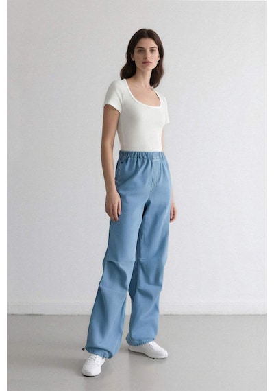 Defacto Jogger Yüksek Bel Bilek Boy Paraşüt Jean Pantolon C1321AX24SMNM39 Mavi