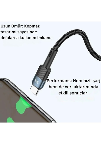 Essager 0.50cm 60w Pd Type C To Type C Şarj Kablosu, Akım, Isı Ve Güç Korumalı Ultra Sağlam Kablo