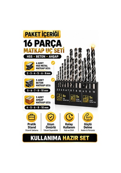 Matkap Ucu Seti 16 Parça Hss Beton Ahşap Delme