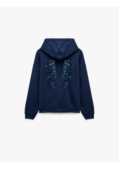 Koton Pullu Payetli Dansçı Sweatshirt Melek Kanat Detaylı Kapüşonlu Rahat Kalıp Fermuarlı Lacivert 7wal10495ık