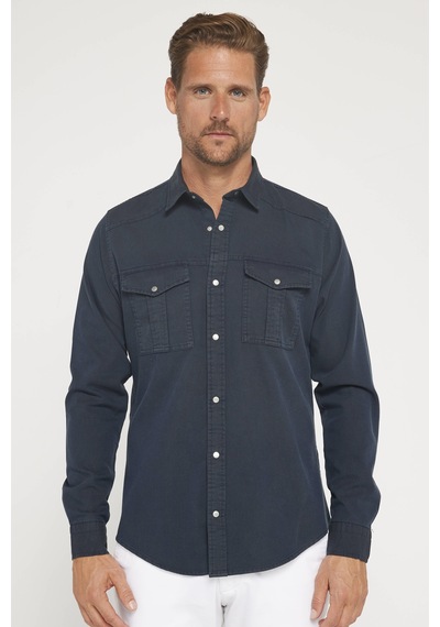 Tudors Erkek Slim Fit Uzun Kollu Spor Yaka Yıkamalı Çift Cepli Armürlü Denim Kot Antrasit Gömlek-31302 Antrasit