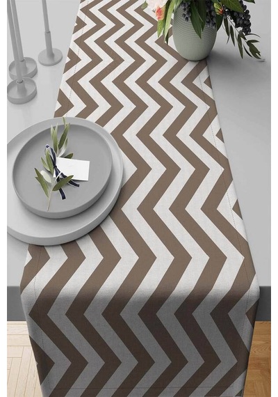 Kahverengi Zigzag Desenli Premium Masa Örtüsü Runner Rnr138n11
