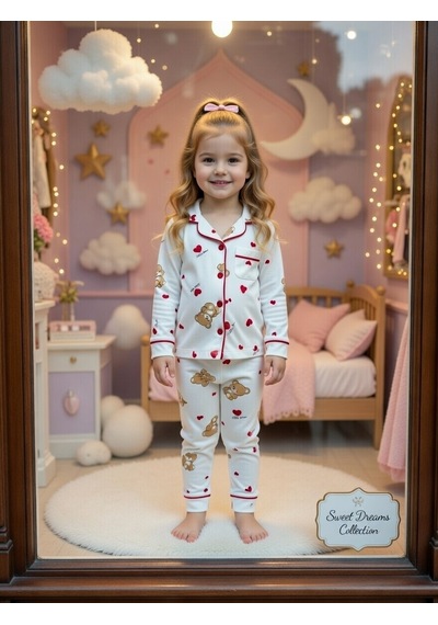 Pijama Takımı Ayııcık Kalp Desnli Kırmızı -beyaz - Kahverengi