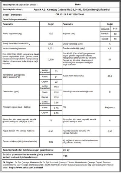 Beko CM 10121 S 10 KG 1200 Devir Çamaşır Makinesi