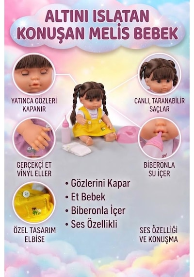 Altını Islatan Konuşan Melis Bebek 30 Cm - Aksesuarlı Kafası Kolları Et Oyuncak Bebek Siyah