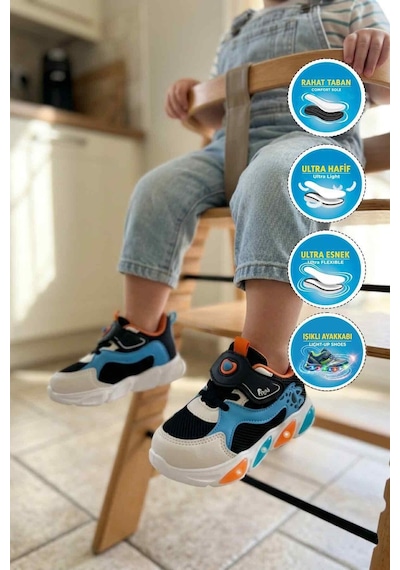 Walkway Cırtlı Işıklı Fileli Hafif Esnek Bebek Spor Ayakkabı Cool Luna B Siyah-oranj