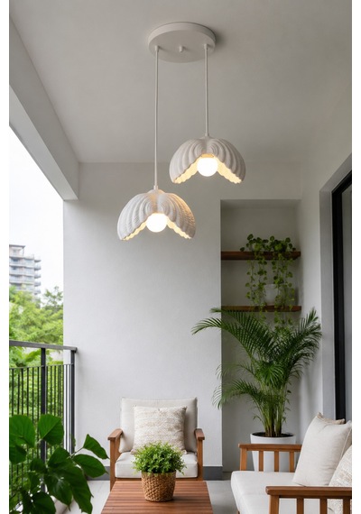 Lotus Çiçek Tasarım 2'li Sarkıt Avize - Modern Tasarım Gece Lambası İç Dış Ortama Uygun - 25 Cm - Beyaz