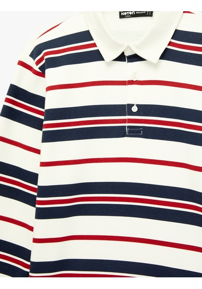 Koton Uzun Kollu Üç İplik Şardonlu Çizgili Düğmeli Polo Yaka Sweatshirt Kırmızı Çizgili 6sam70074mk