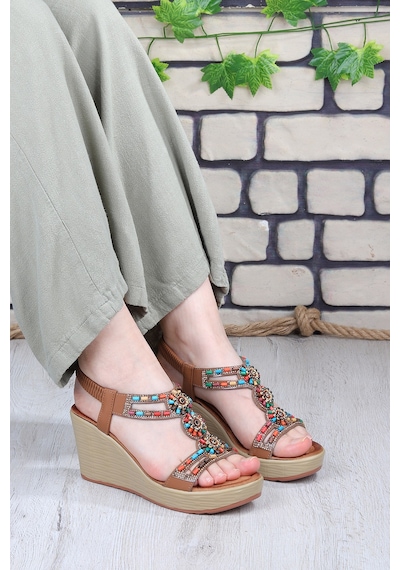 Vojo Heel Taş Detaylı 8 Cm Dolgu Topuklu Kadın Sandalet 267800001859 13 Taba Taba