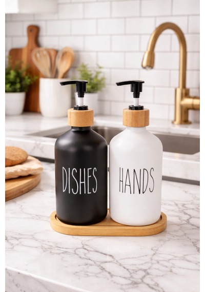 Buççin Online Mağaza Bambu Altlıklı Bambu Kapaklı İkili Cam Sıvı Sabunluk & Deterjanlık Seti 2 500 Ml- 16,5 X 9 X 21 Cm Çok Renkli