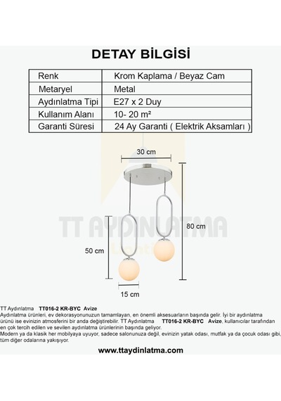 Tt016-2 Kr Tt Aydınlatma Krom Kaplama Beyaz Camlı 2 Li Avize
