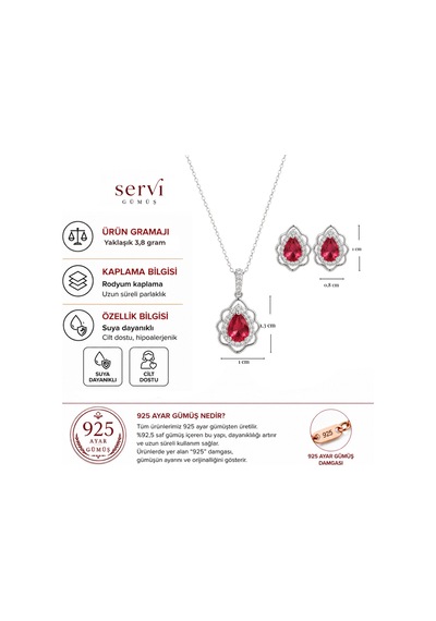 Servi 925 Ayar Gümüş Kırmızı Zirkon Taşlı Lotus Damla Kolye Ve Küpe Seti-473