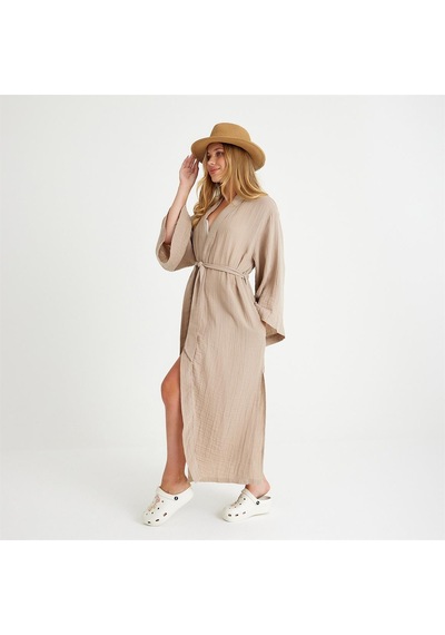 Miespiga Pamuklu Dokuma Beli Kuşaklı Maxi Kadın Kimono Kaftan - Small Medium Bej