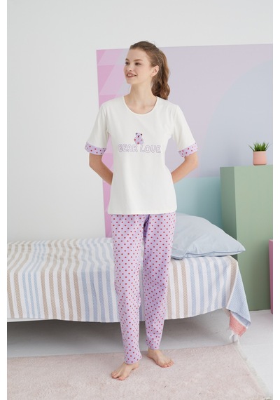 Siyah İnci Pamuklu Örme Pijama Takım 24117054 Çok Renkli