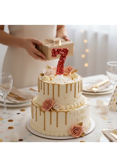 Turuncu Simli Pasta Mumu Doğum Günü Mum 7 Yaş