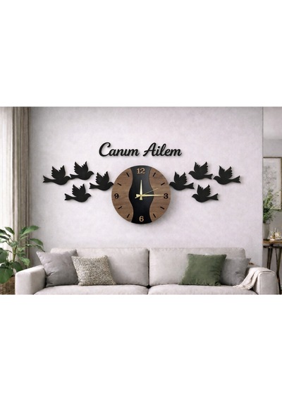 Şık Duvar Saati 40 Cm Kuş Ve Canım Ailem Temalı No 20014 Çok Renkli