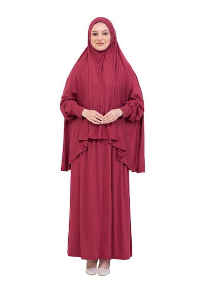 Modish Group İki Parça Namaz Elbisesi Uzun Pamuklu Tesettür Giyim Abaya & Başörtüsü Set Kırmızı