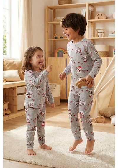 Zuzunga Unisex Yılbaşı Temalı Cute Kardan Adam Desenli Çocuk Pijama Takımı Gri