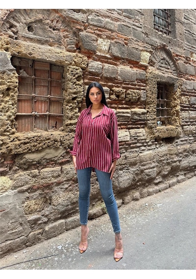 WeShaya Bordo Çizgili Oversize Düğmeli Gömlek Bordo