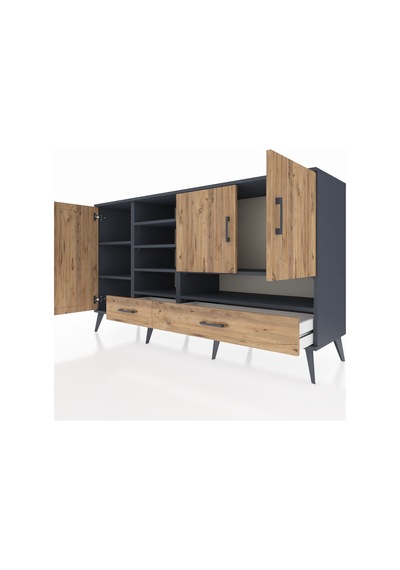 Kronos Konsol 8 Raflı 2 Çekmeceli 3 Kapaklı 176x59x99 Antrasit-ça Antrasit-çam