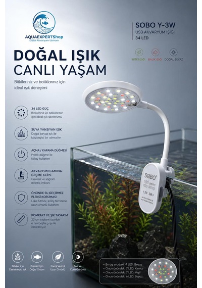Sobo Usb Akvaryum Işığı - Balık Işığı - Bitki Işığı - 34 Led - Y-3w - Güçlü Aydınlatma - Üstün Performans - 23 Cm - Beyaz