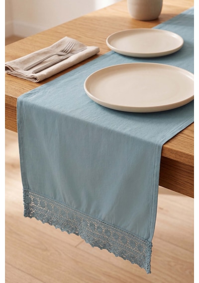 Mineral Blue Lacy Pamuklu Dantelli Runner 40x150 Cm Mavi