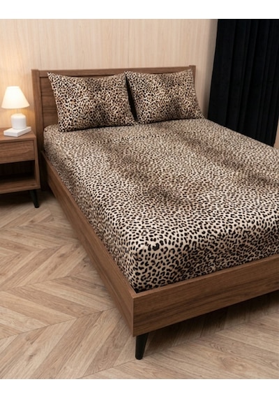 Lastikli Fitted Çarşaf Takımı Kalp Desen -leopar Desen Tek&çift Bej