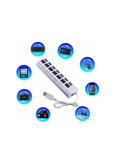 7 Port Usb Hub Çoklayıcı Çoğaltıcı Onoff Düğmeli Işıklı Adaptörlü (492982846)