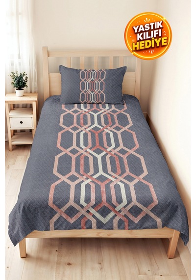 Geometrik Gri Genç Odası Tek Kişilik Pike Takımı-modern Pudra Somon 160x220 Cm Kapitone Yatak Örtüsü Mahmur Duman Kabuğu